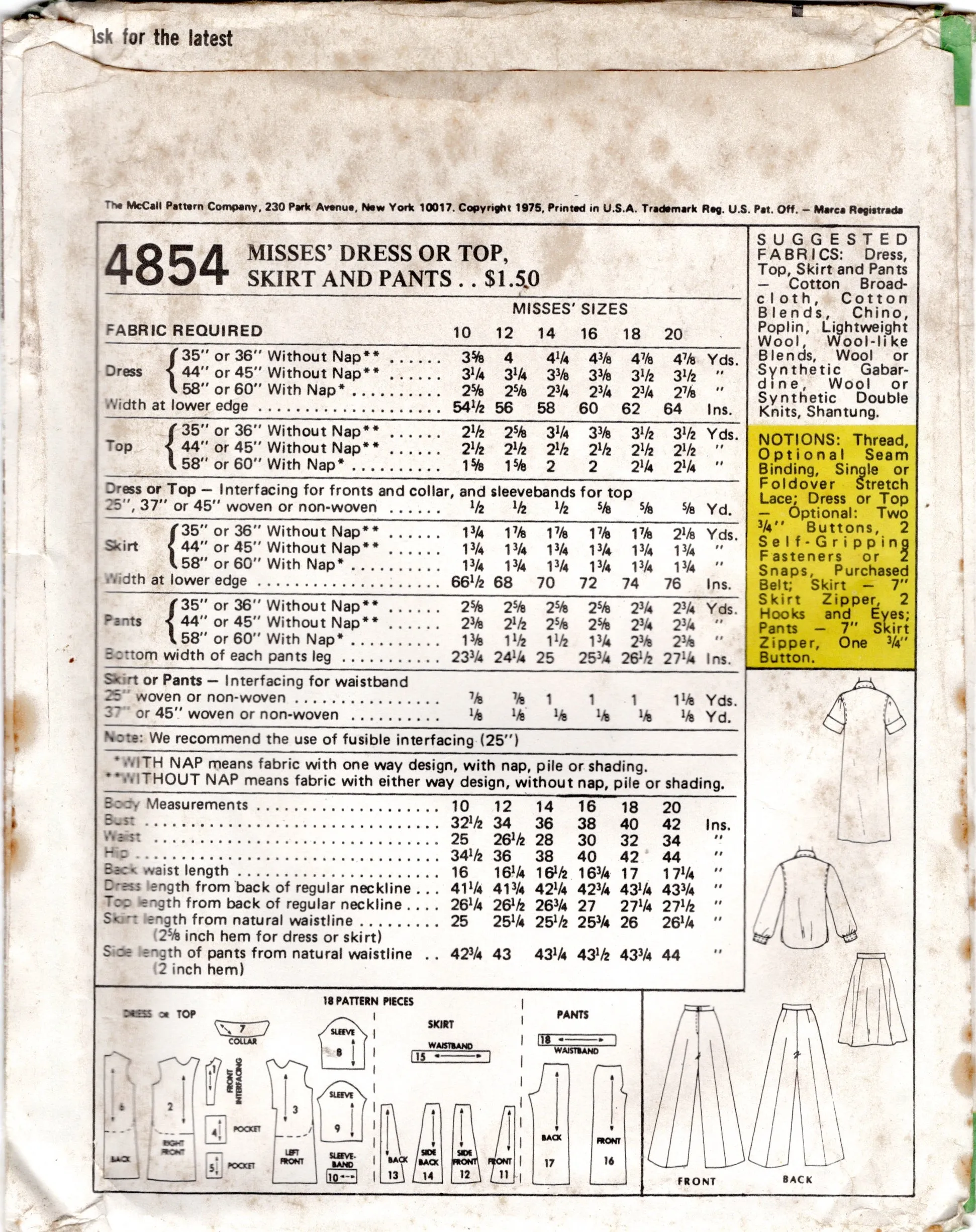 1970's McCall's Button up Shirt, A line Skirt and High Waisted Pants pattern - Bust 36" - No. 4854