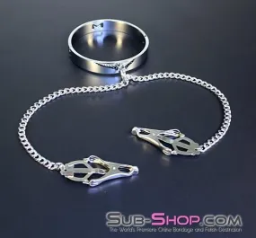 3613HS    Erotic Enslavement Stainless Steel Bondage Collar with Clover Clamps