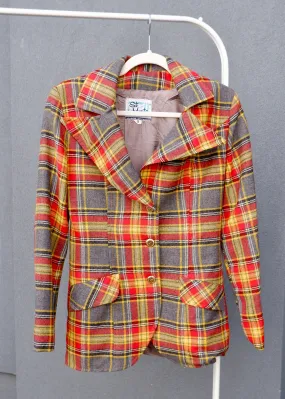 70s Plaid Single-Breasted Blazer with Oversized Lapels - XS