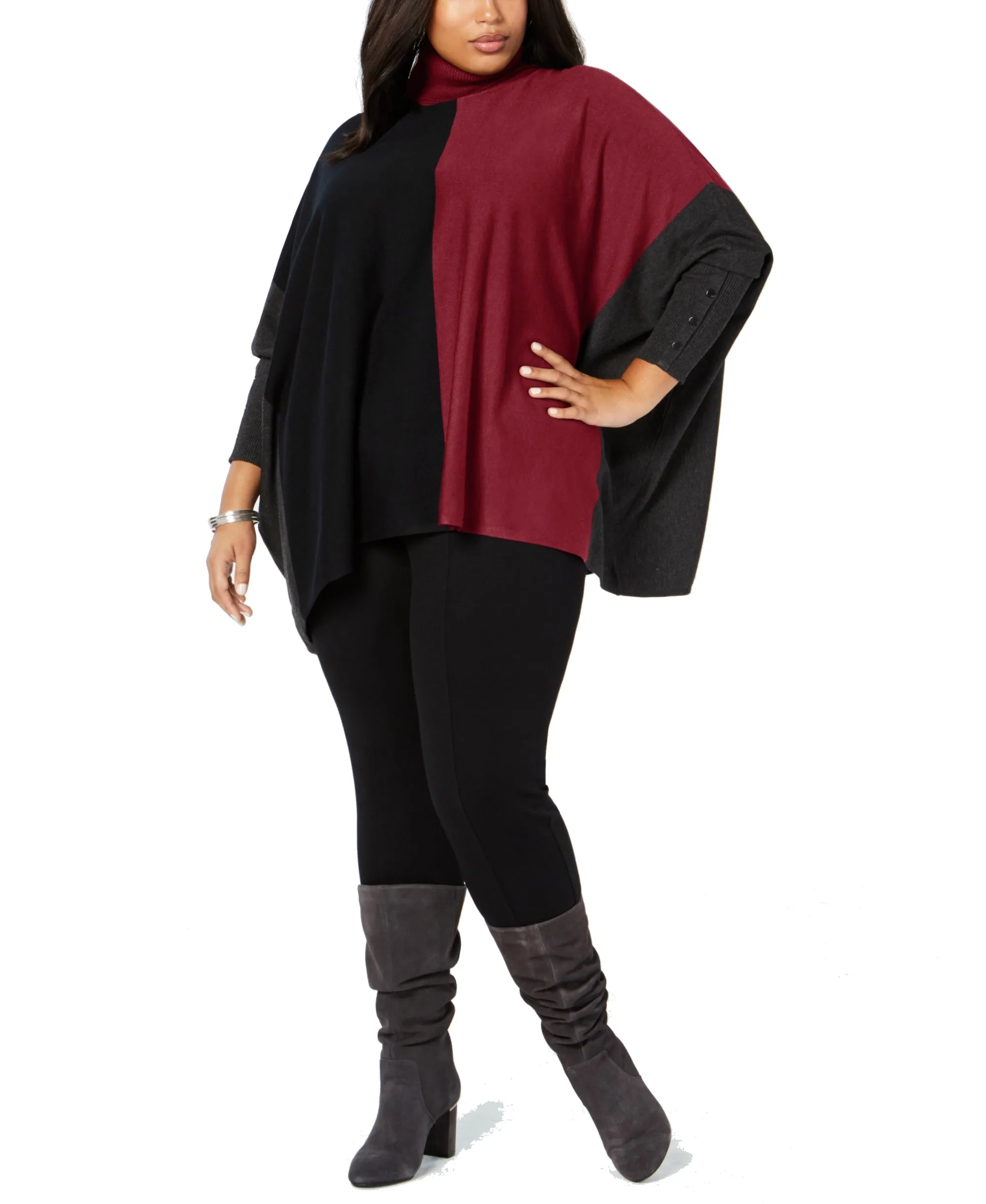 Alfani Plus Women's Turtleneck Colorblock Poncho Sweater, Malbec, 3X