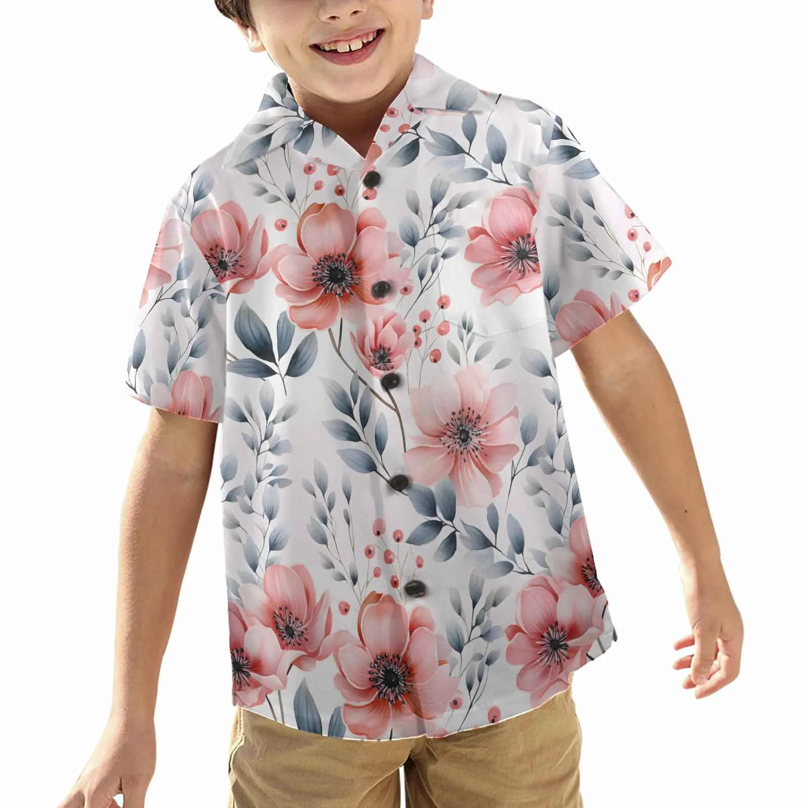 Apricot and Grey Floral  Little Boys&#039; Hawaiian Shirt (Model T58)