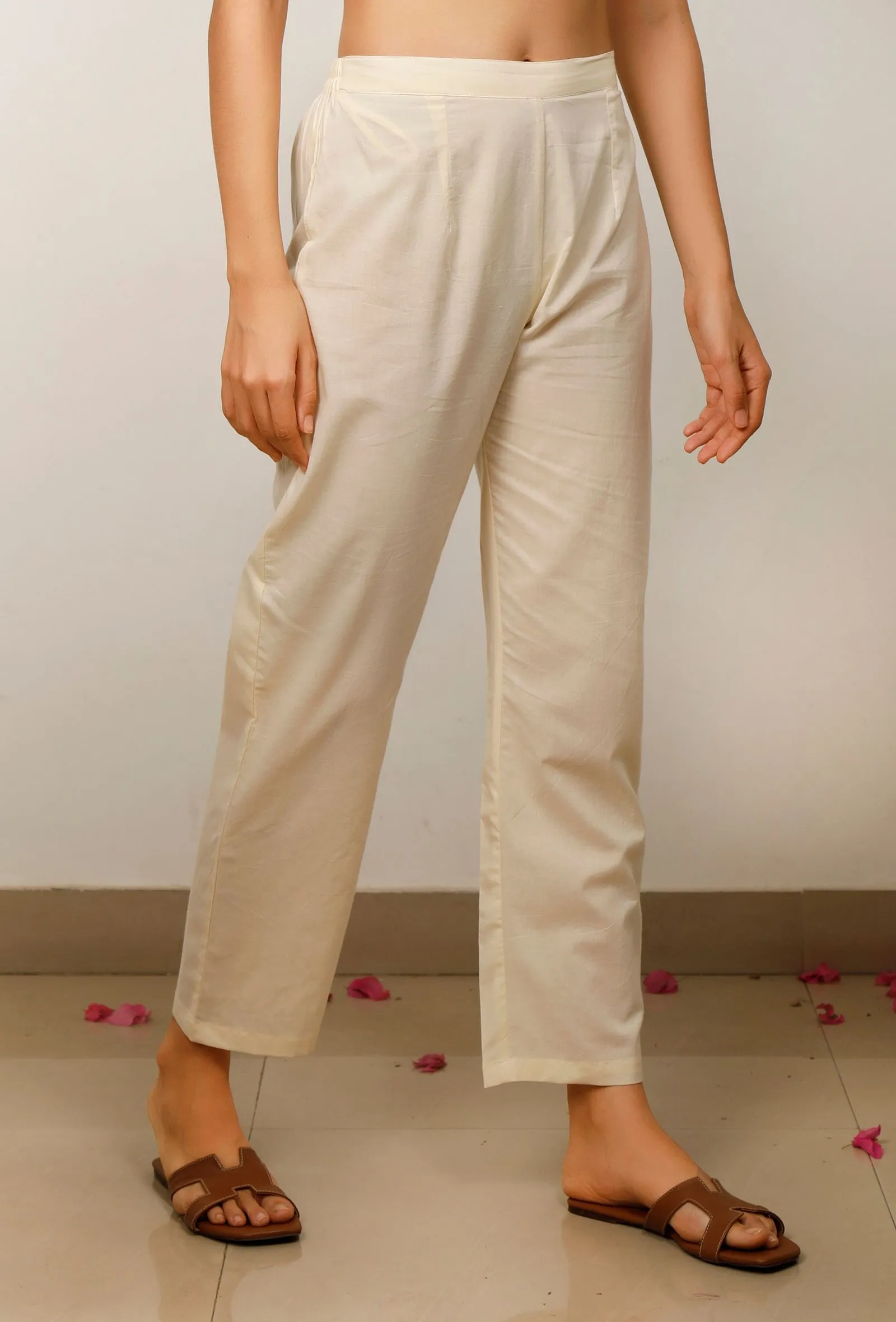 Beige Cotton straight Pants