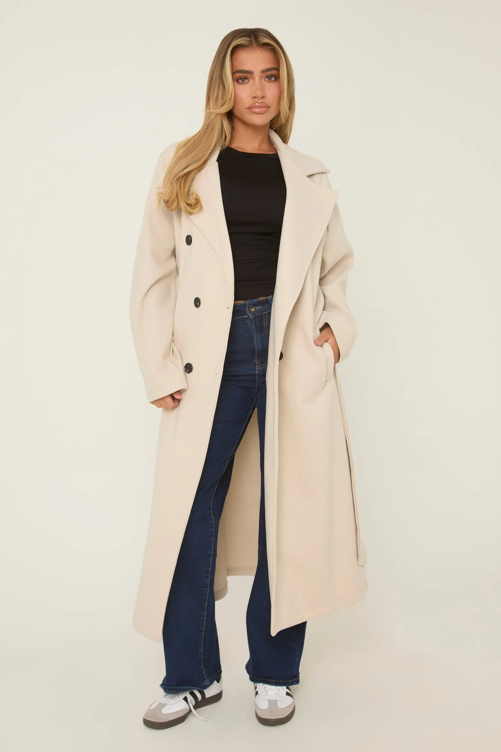 Beige Oversized Double Breasted Wool Look Coat - Eloise