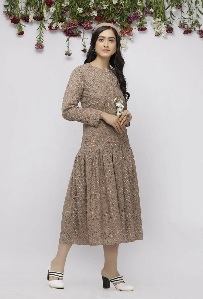 Beige Pleated Kota Hand-Block Printed Dress