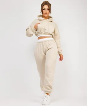 Beige Ribbed Hem Cropped Hoodie And Joggers Tracksuit