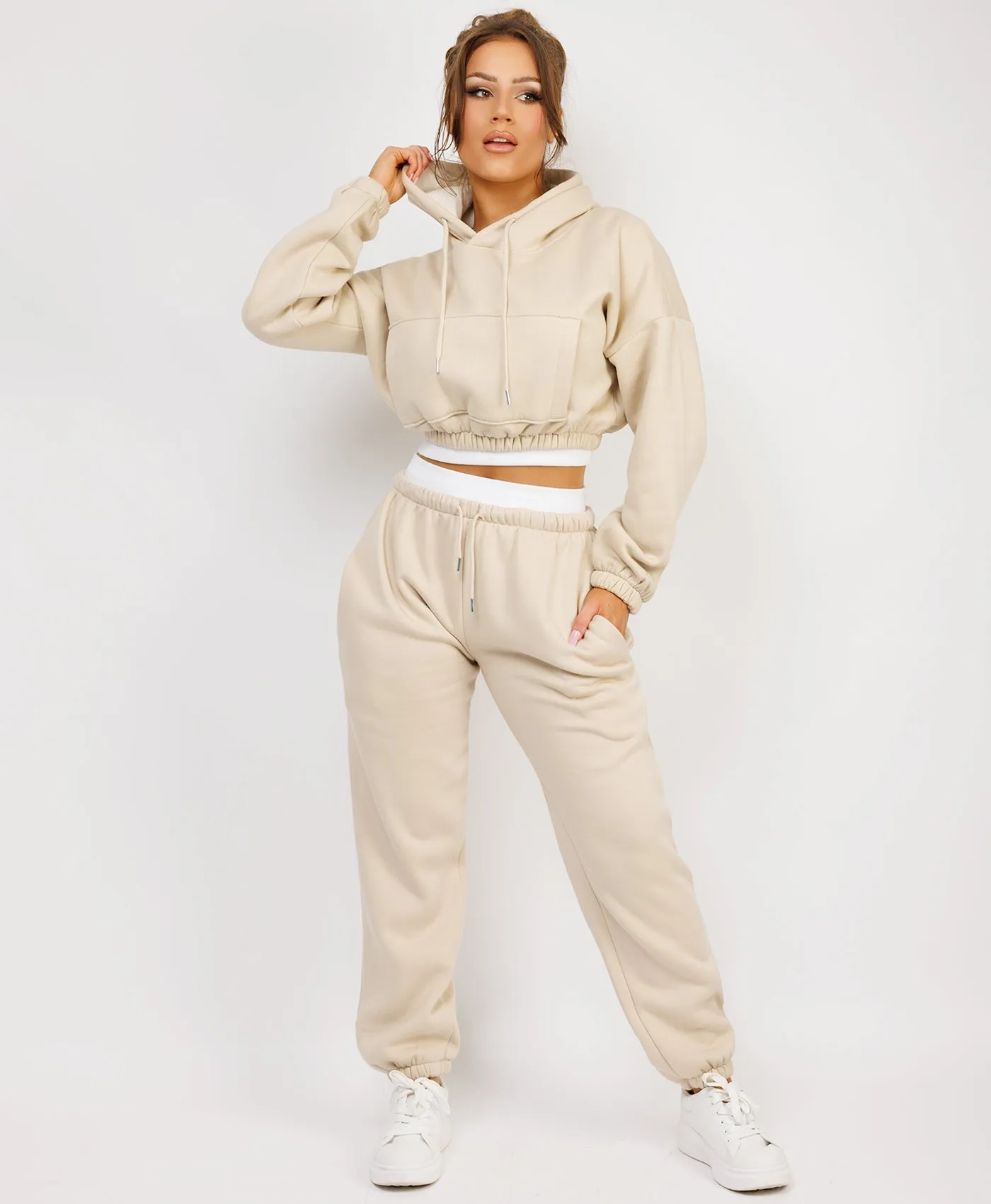 Beige Ribbed Hem Cropped Hoodie And Joggers Tracksuit