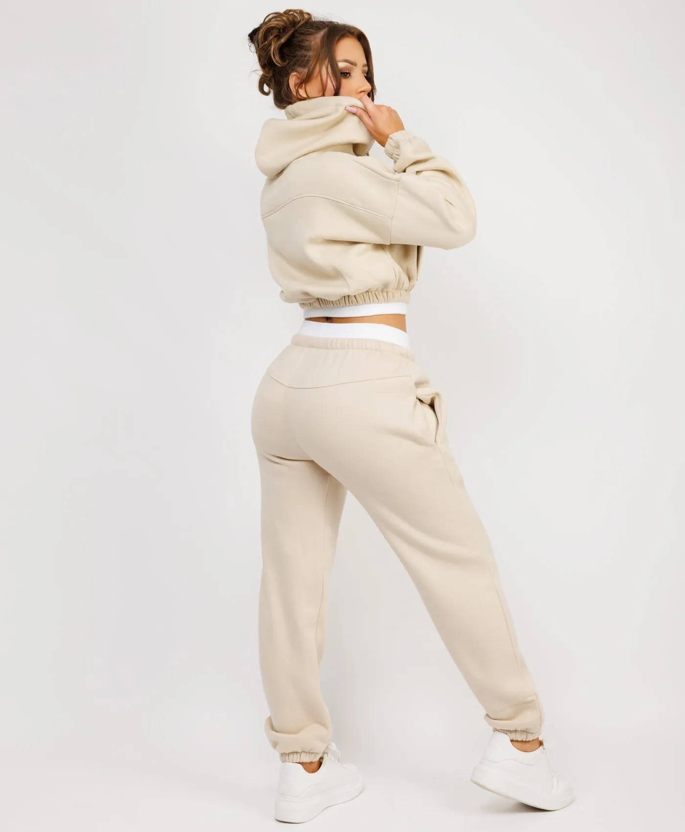 Beige Ribbed Hem Cropped Hoodie And Joggers Tracksuit