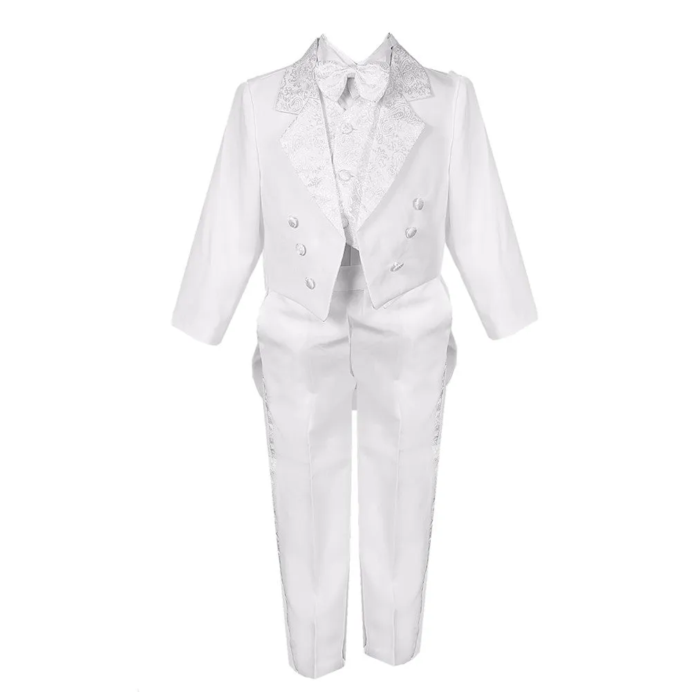 Big Boys White 5 Piece Vest Pants Tail Jacket Jacquard Tuxedo Suit 8-14