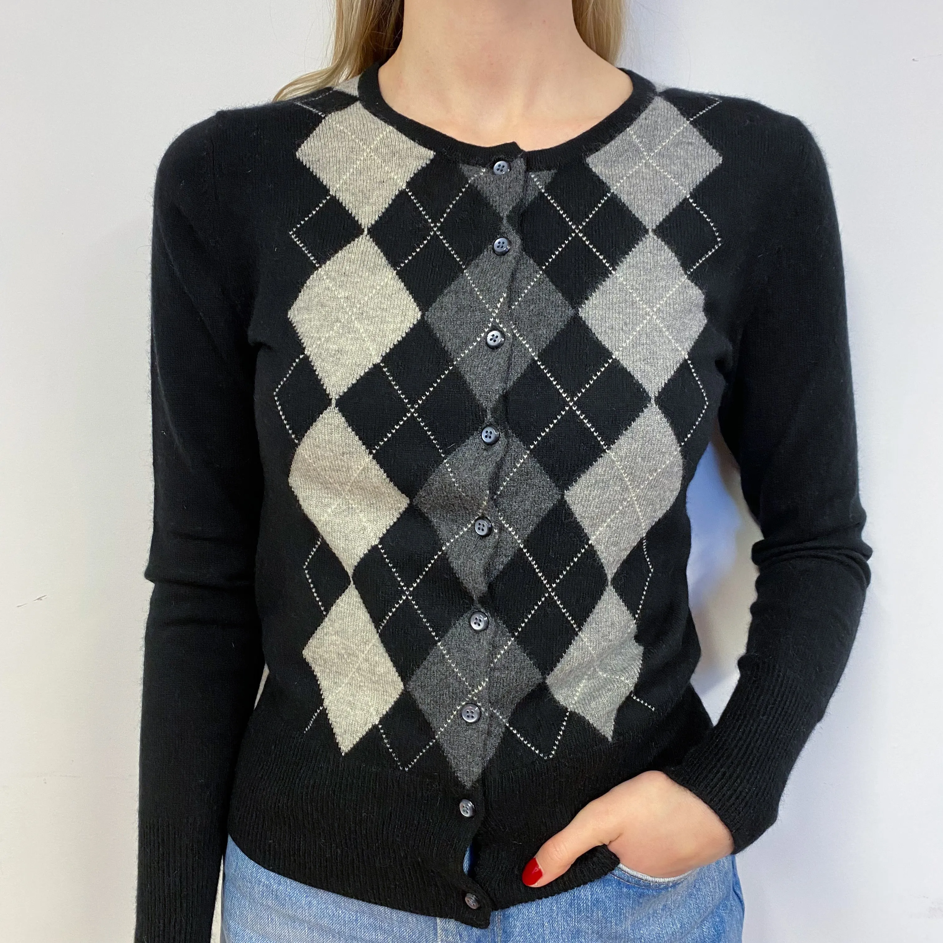 Black and Grey Diamond Patterned Cardigan Small