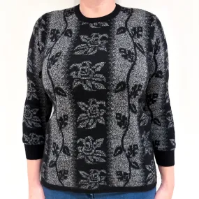 Black and Grey Floral Cashmere Crew Neck Jumper Large