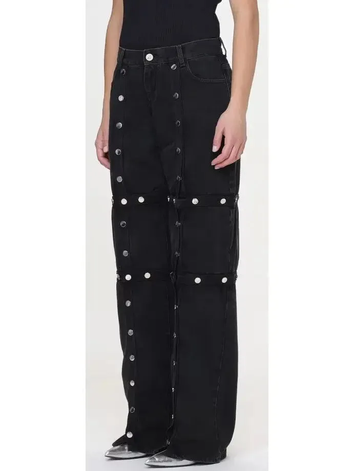 Black Denim Snap-Embellished High-Waist Jeans