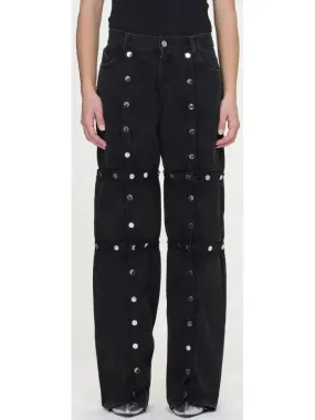 Black Denim Snap-Embellished High-Waist Jeans