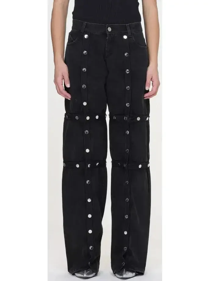 Black Denim Snap-Embellished High-Waist Jeans