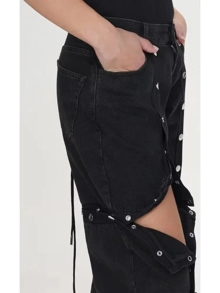 Black Denim Snap-Embellished High-Waist Jeans