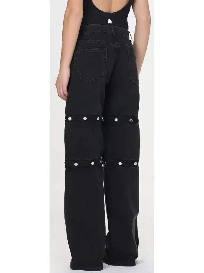 Black Denim Snap-Embellished High-Waist Jeans