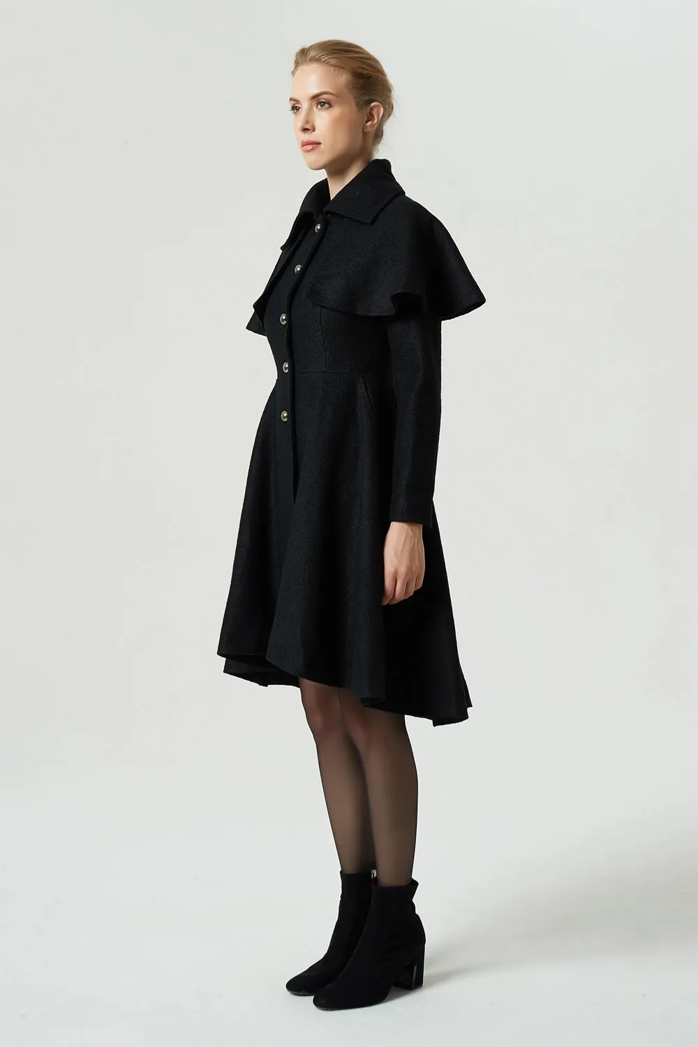 black fit and flare wool coat for women 1975#