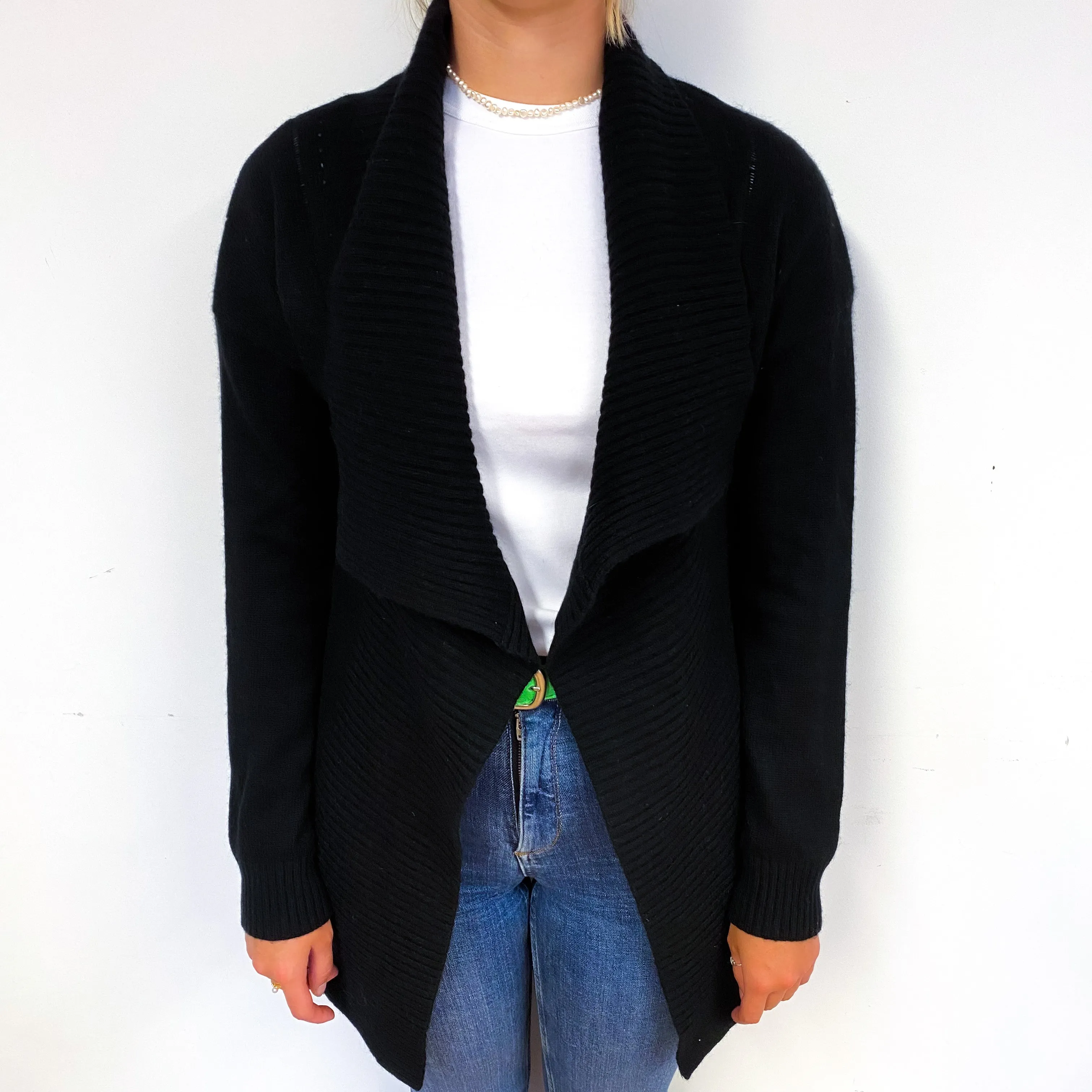 Black Ribbed Cashmere Longline Cardigan Small