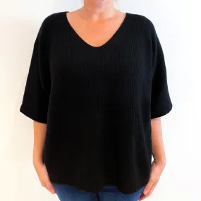 Black Ribbed Short Sleeved Cashmere V-Neck Jumper Large