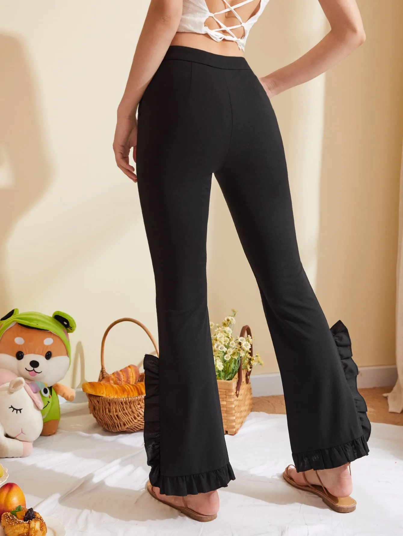 Black Ruffle Trim Flare Leg High Waist Pants