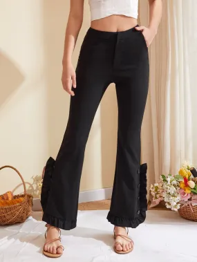 Black Ruffle Trim Flare Leg High Waist Pants