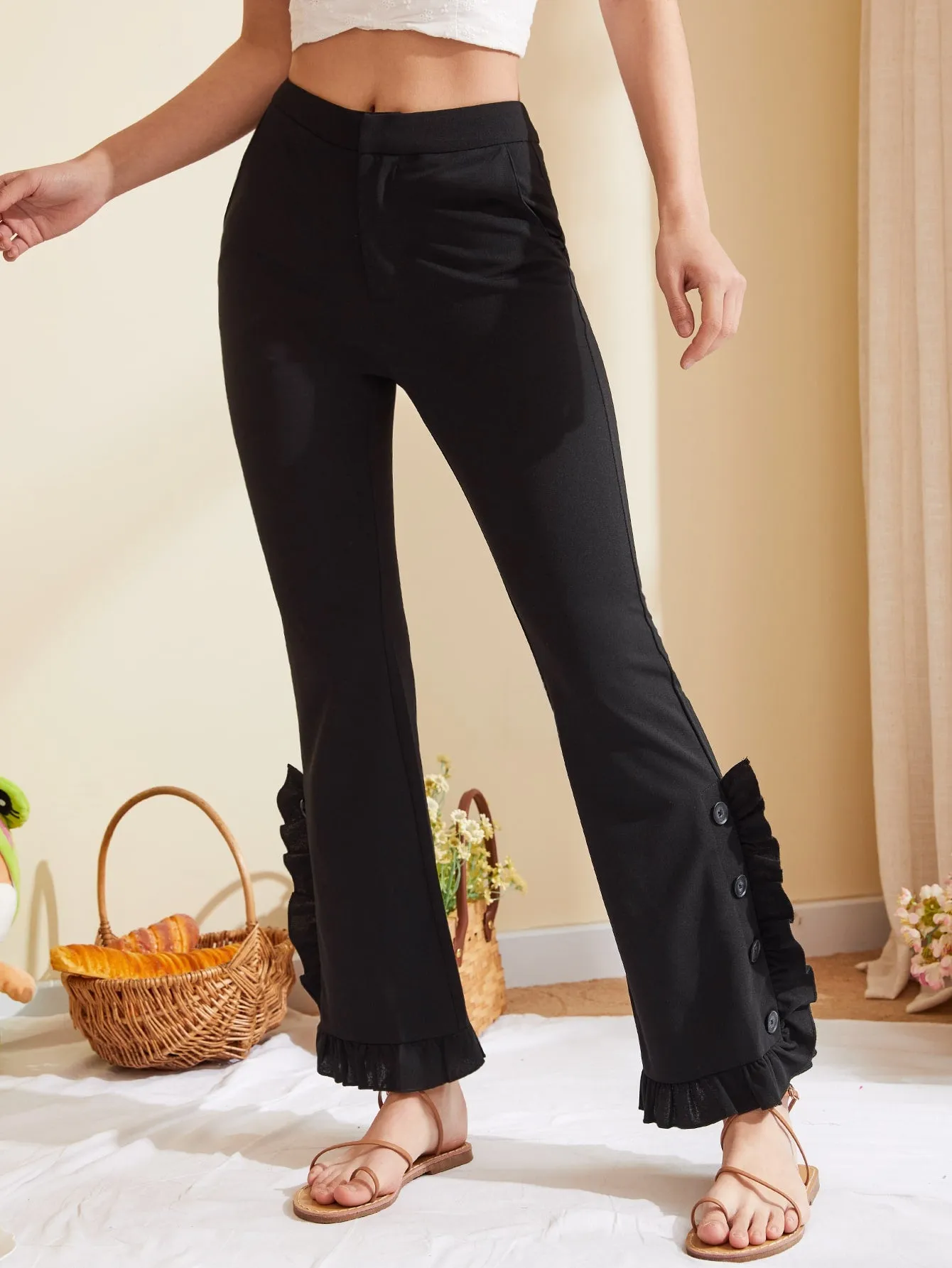 Black Ruffle Trim Flare Leg High Waist Pants