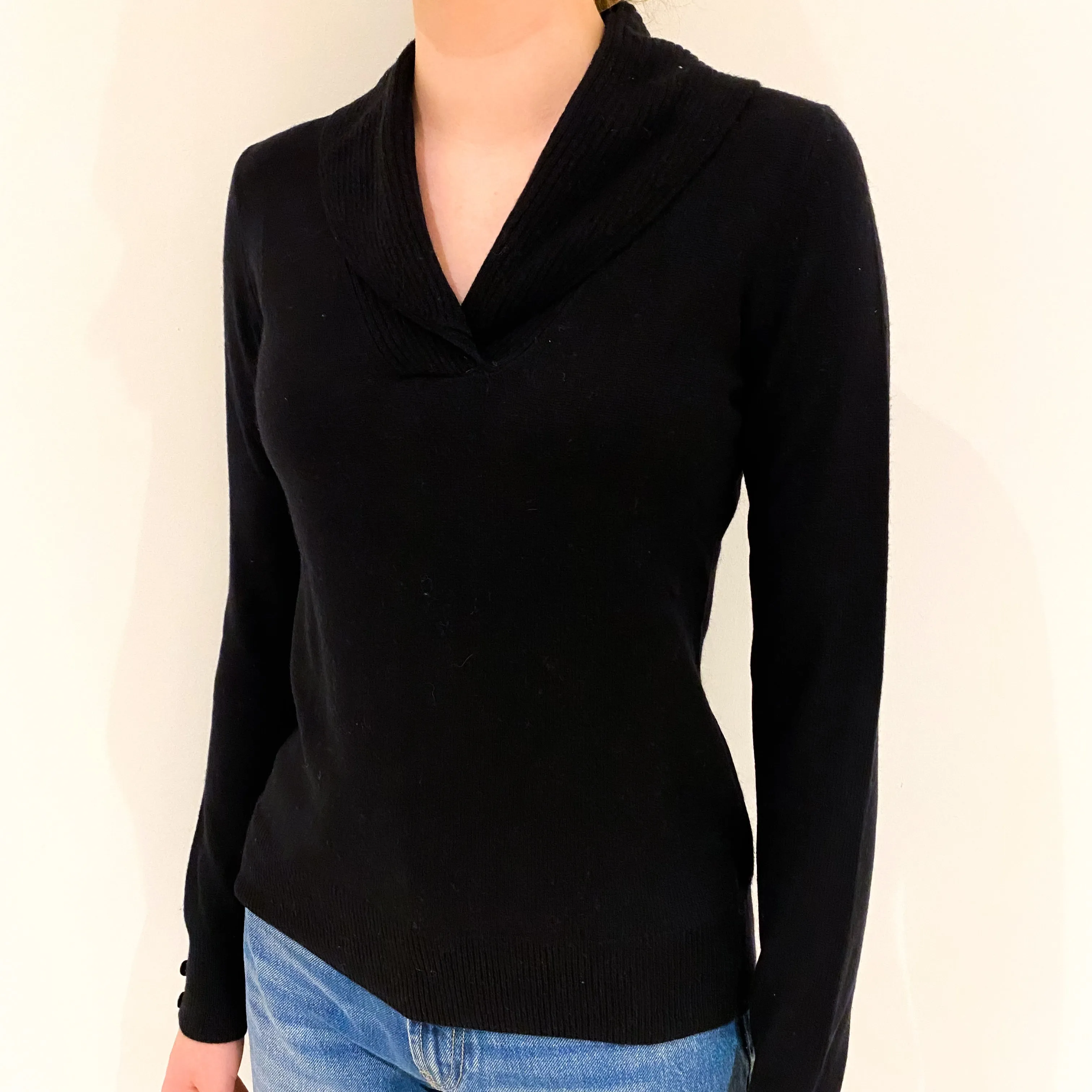 Black Shawl Collar Cashmere V-Neck Jumper Extra Small