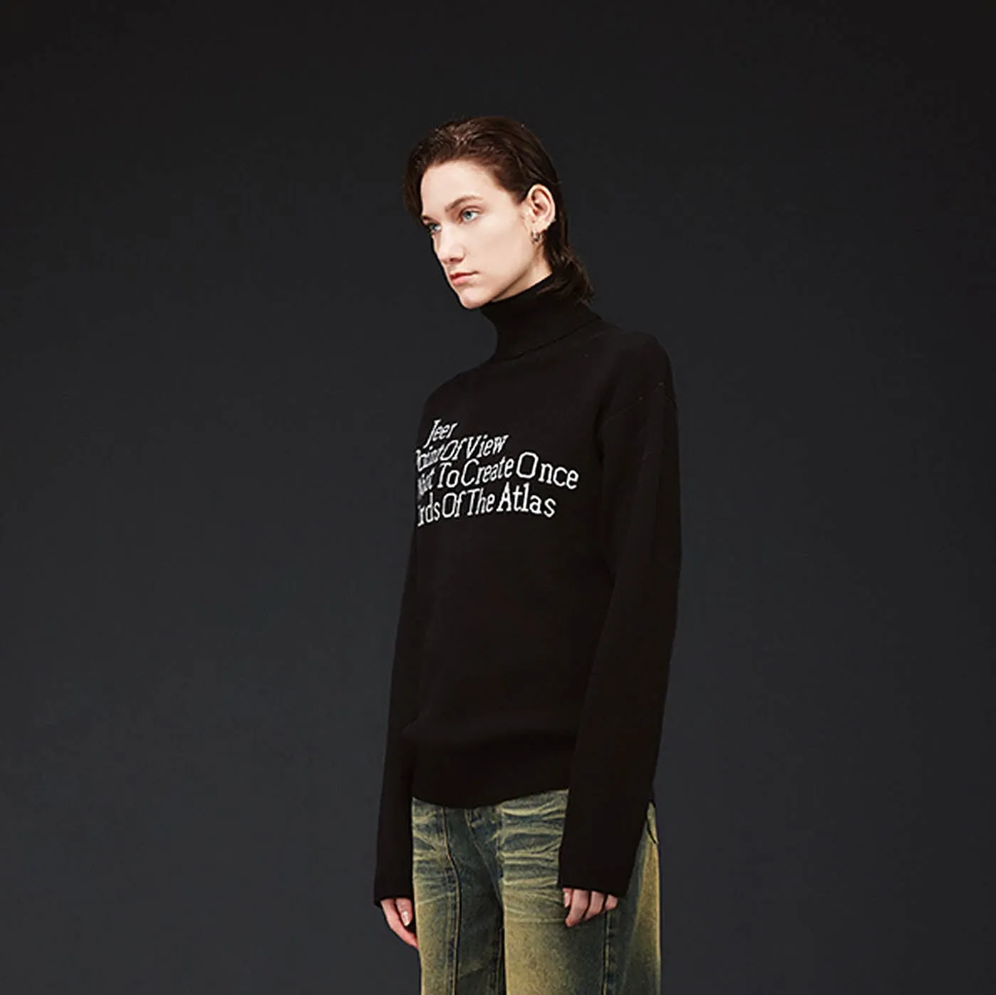 Black Text Turtleneck Sweater