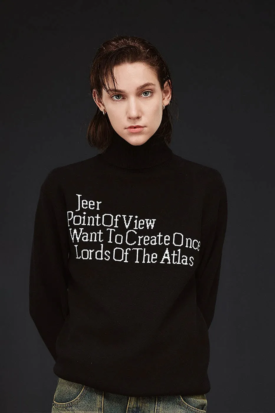 Black Text Turtleneck Sweater