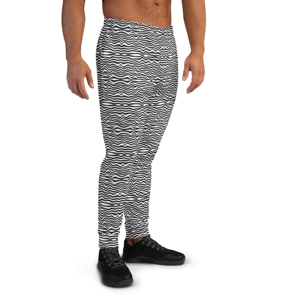 Black White Wavy Men's Joggers, Designer Modern Slim Fit Best Premium Sweatpants-Made in EU