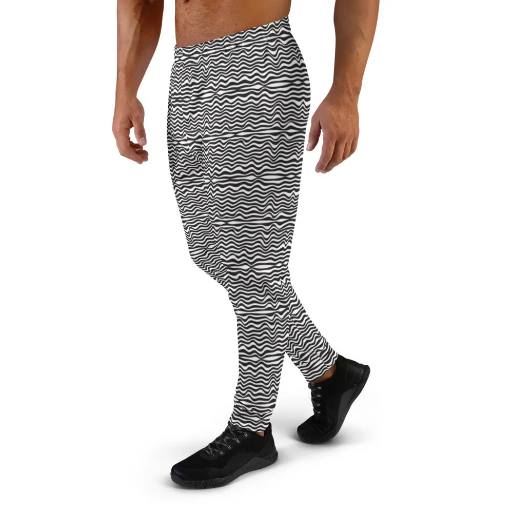 Black White Wavy Men's Joggers, Designer Modern Slim Fit Best Premium Sweatpants-Made in EU