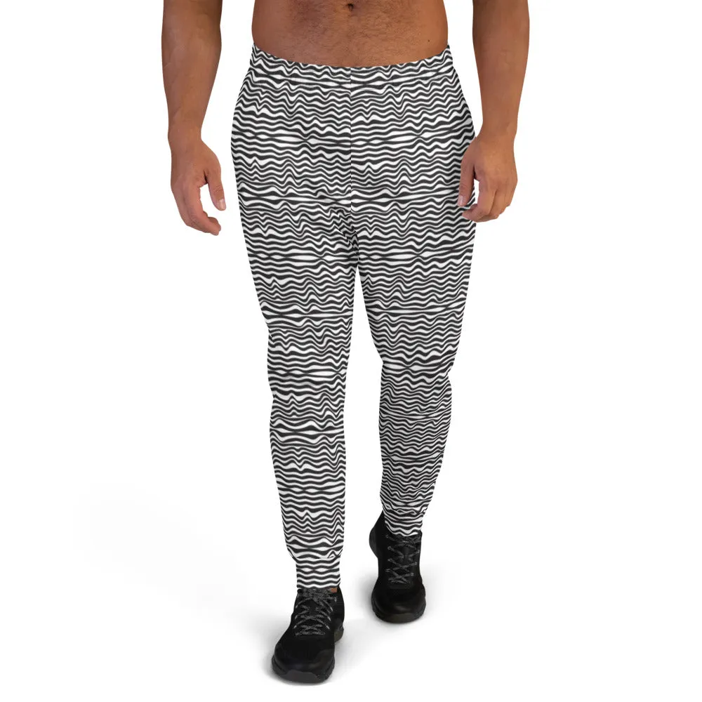 Black White Wavy Men's Joggers, Designer Modern Slim Fit Best Premium Sweatpants-Made in EU