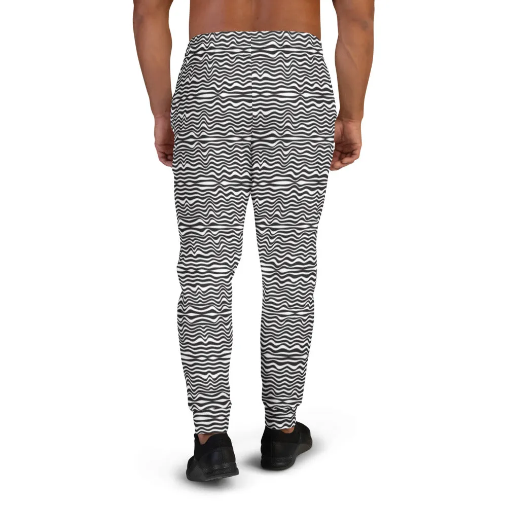 Black White Wavy Men's Joggers, Designer Modern Slim Fit Best Premium Sweatpants-Made in EU