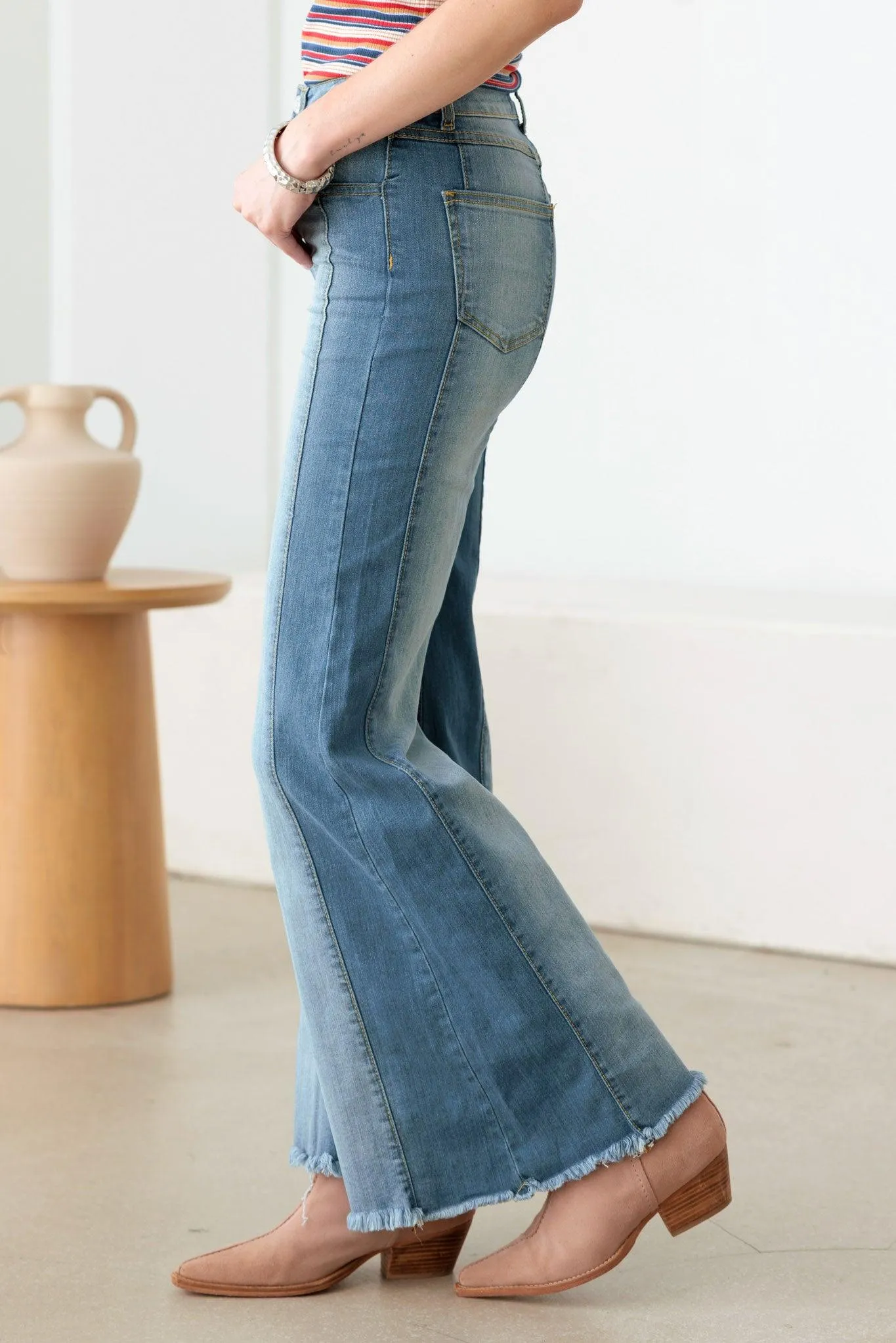 Blue Cotton High Waist Front Seam Flare Jeans