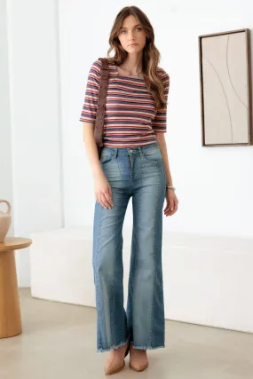 Blue Cotton High Waist Front Seam Flare Jeans