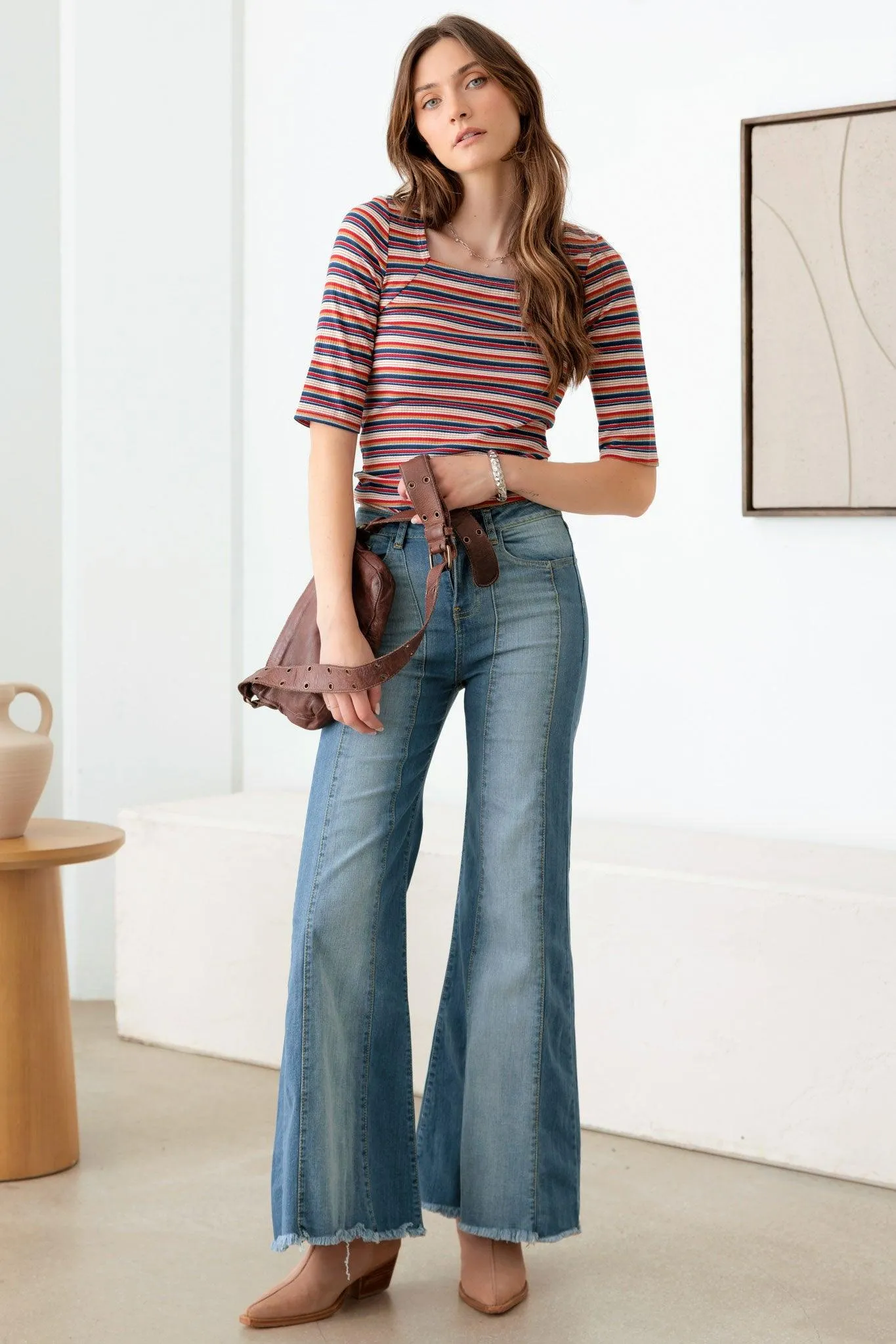 Blue Cotton High Waist Front Seam Flare Jeans