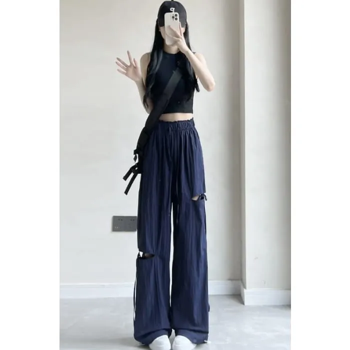 Bow Accent Cutout High Rise Drawstring Wide Leg Sweatpants