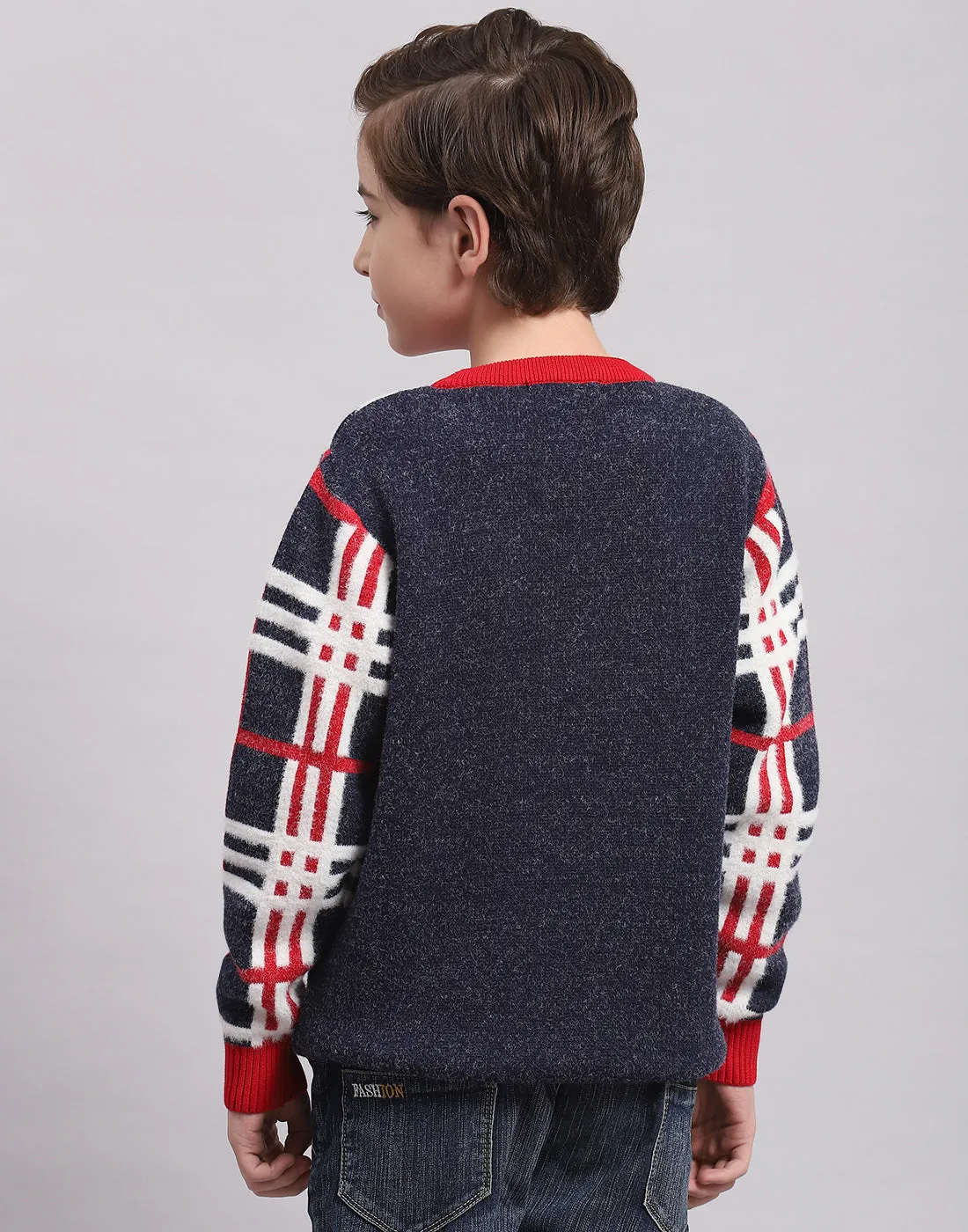 Boys Navy Blue Check Round Neck Full Sleeve Sweater