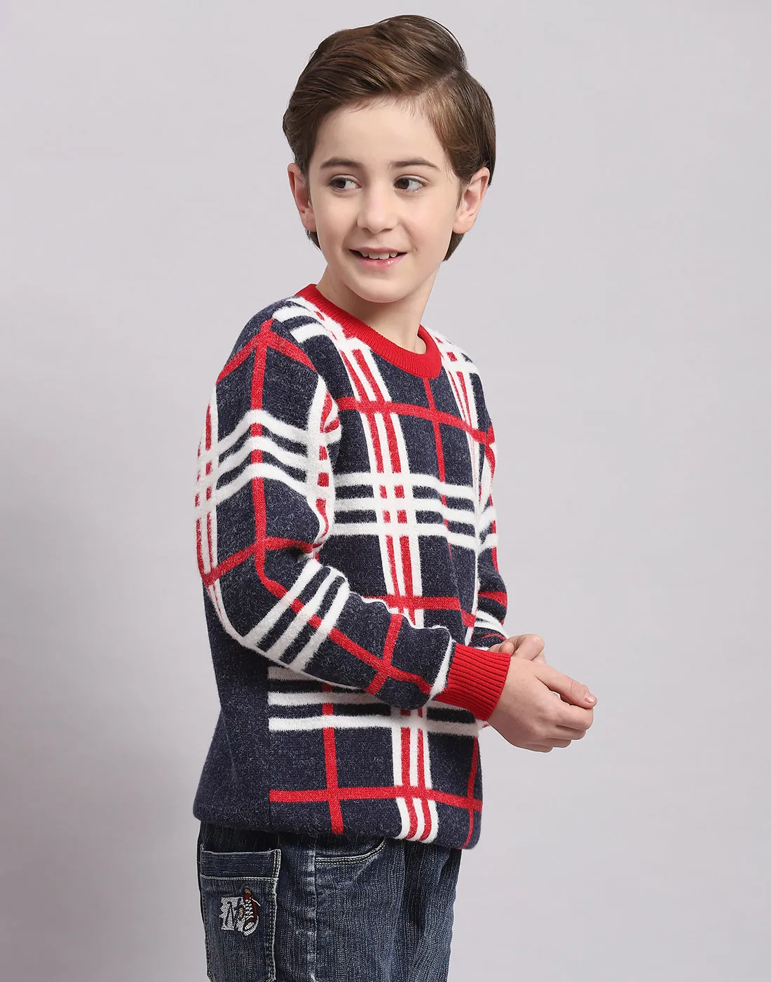 Boys Navy Blue Check Round Neck Full Sleeve Sweater