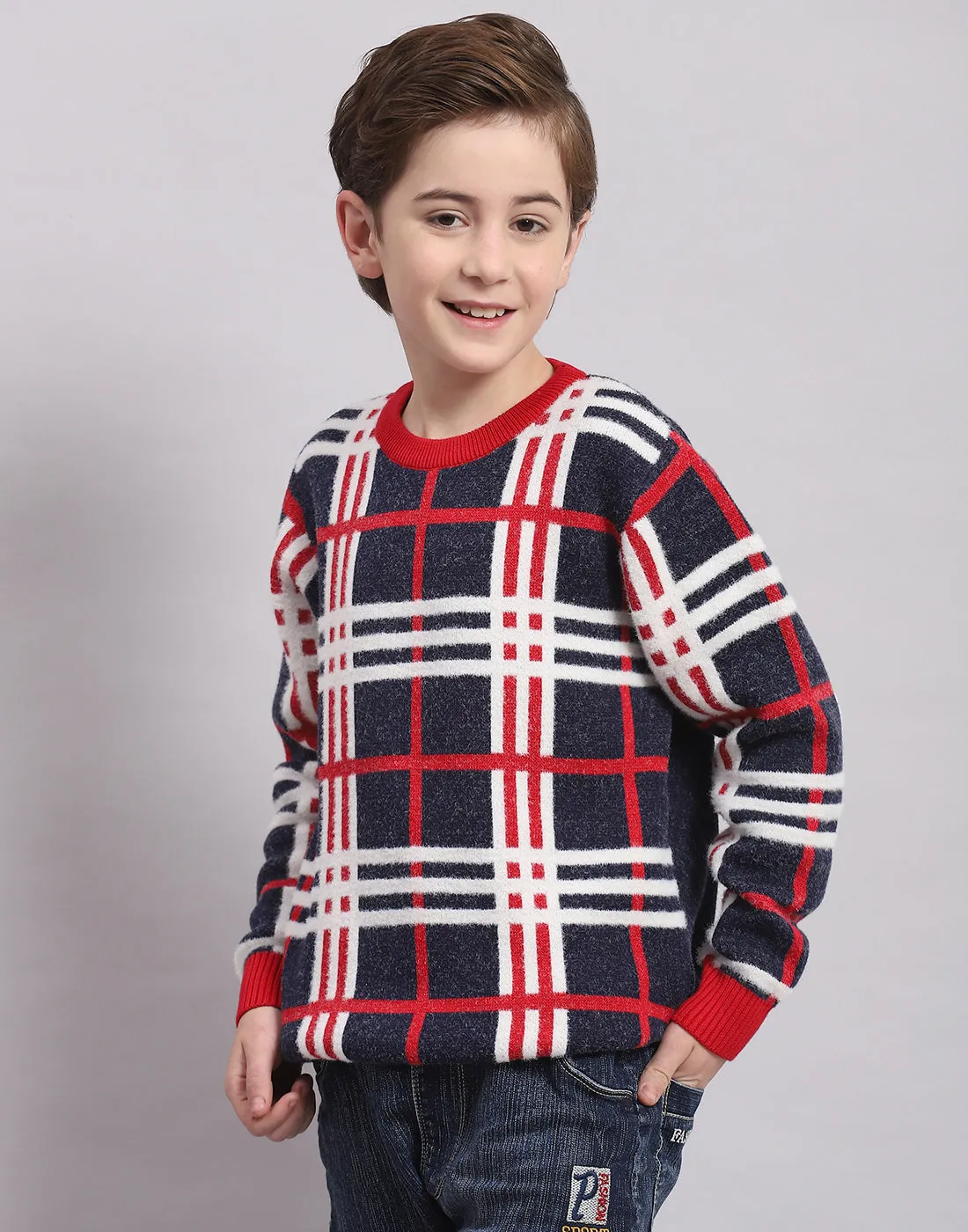 Boys Navy Blue Check Round Neck Full Sleeve Sweater