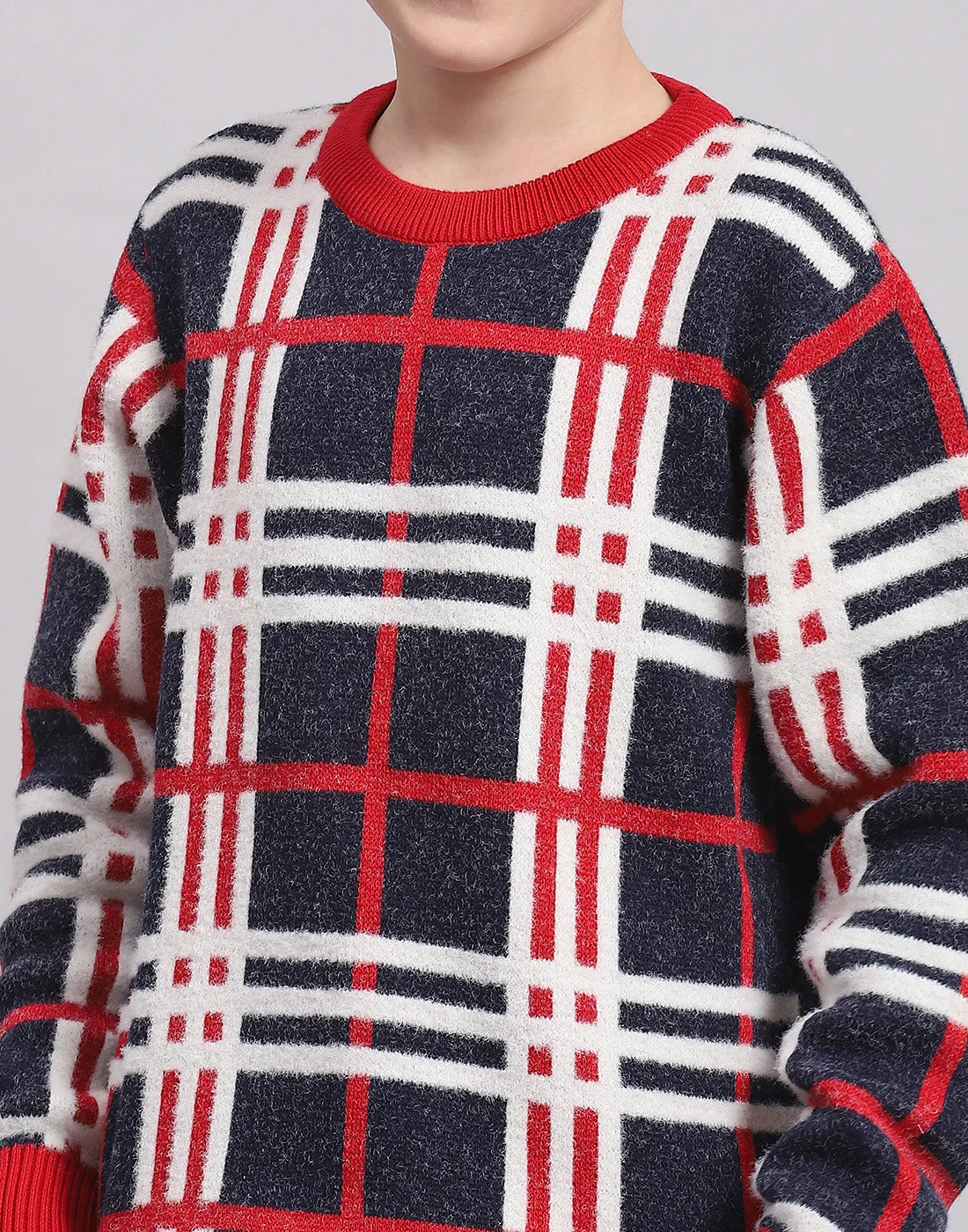 Boys Navy Blue Check Round Neck Full Sleeve Sweater