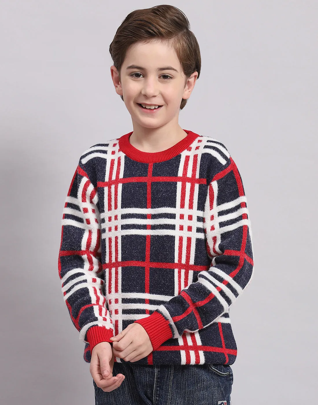 Boys Navy Blue Check Round Neck Full Sleeve Sweater