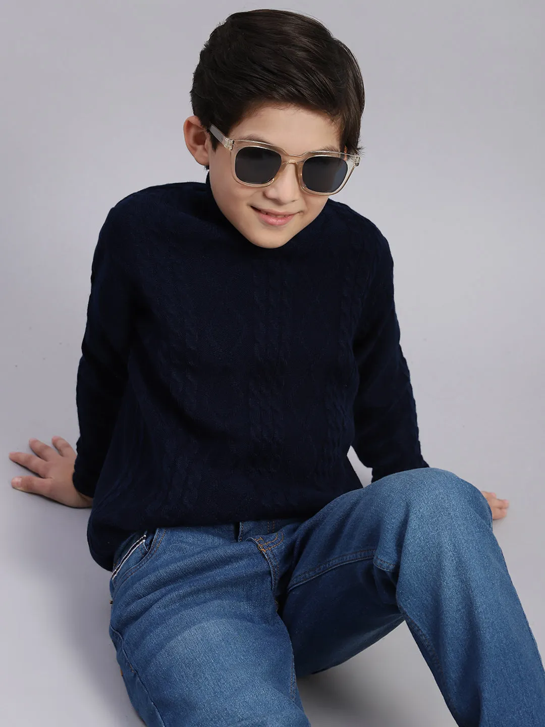 Boys Navy Blue Self Design T Neck Full Sleeve Sweater