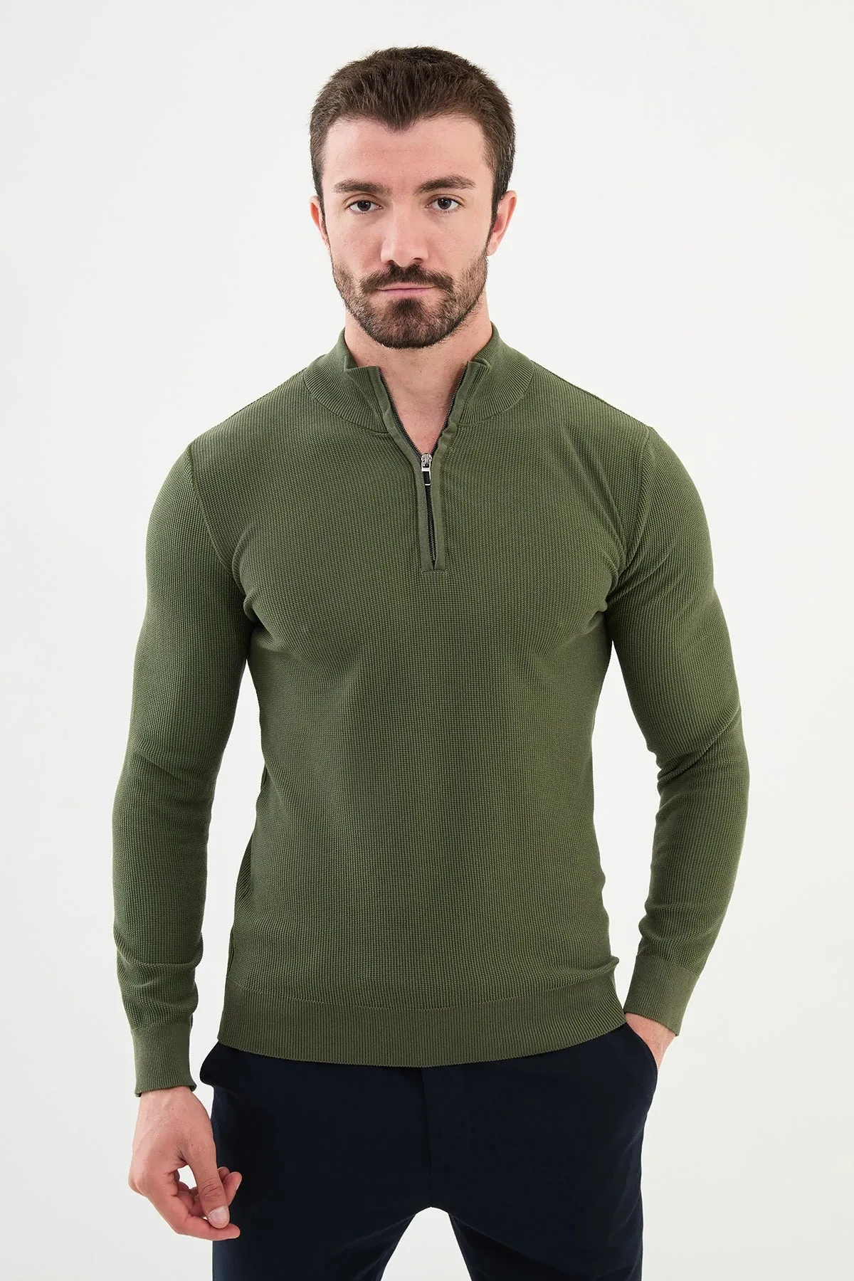 Brabion Marco Textured Slim Fit Zippered Half Turtleneck Khaki Knitwear Sweater