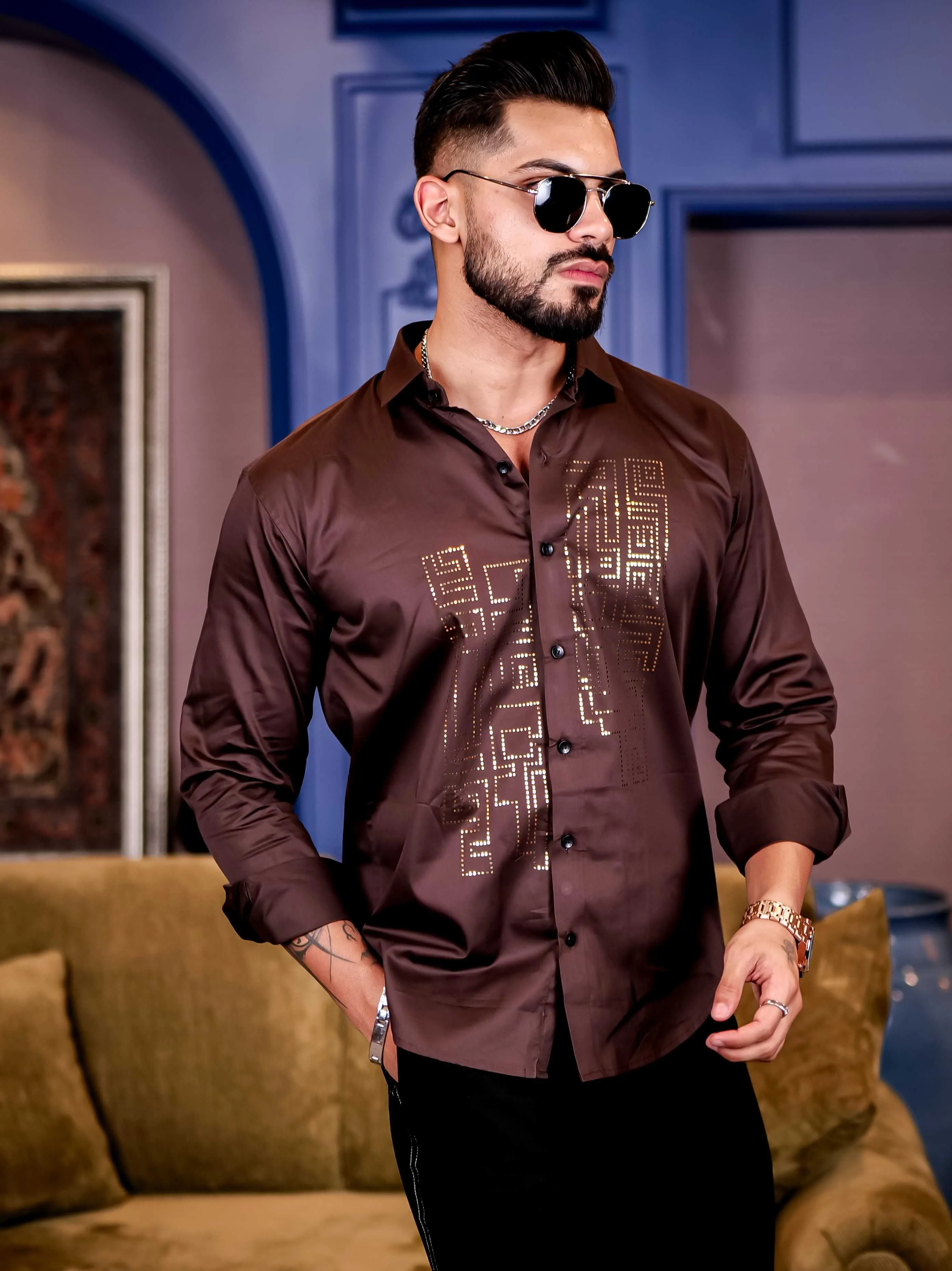 Brown Sequence Club Wear Satin Cotton Party Shirt