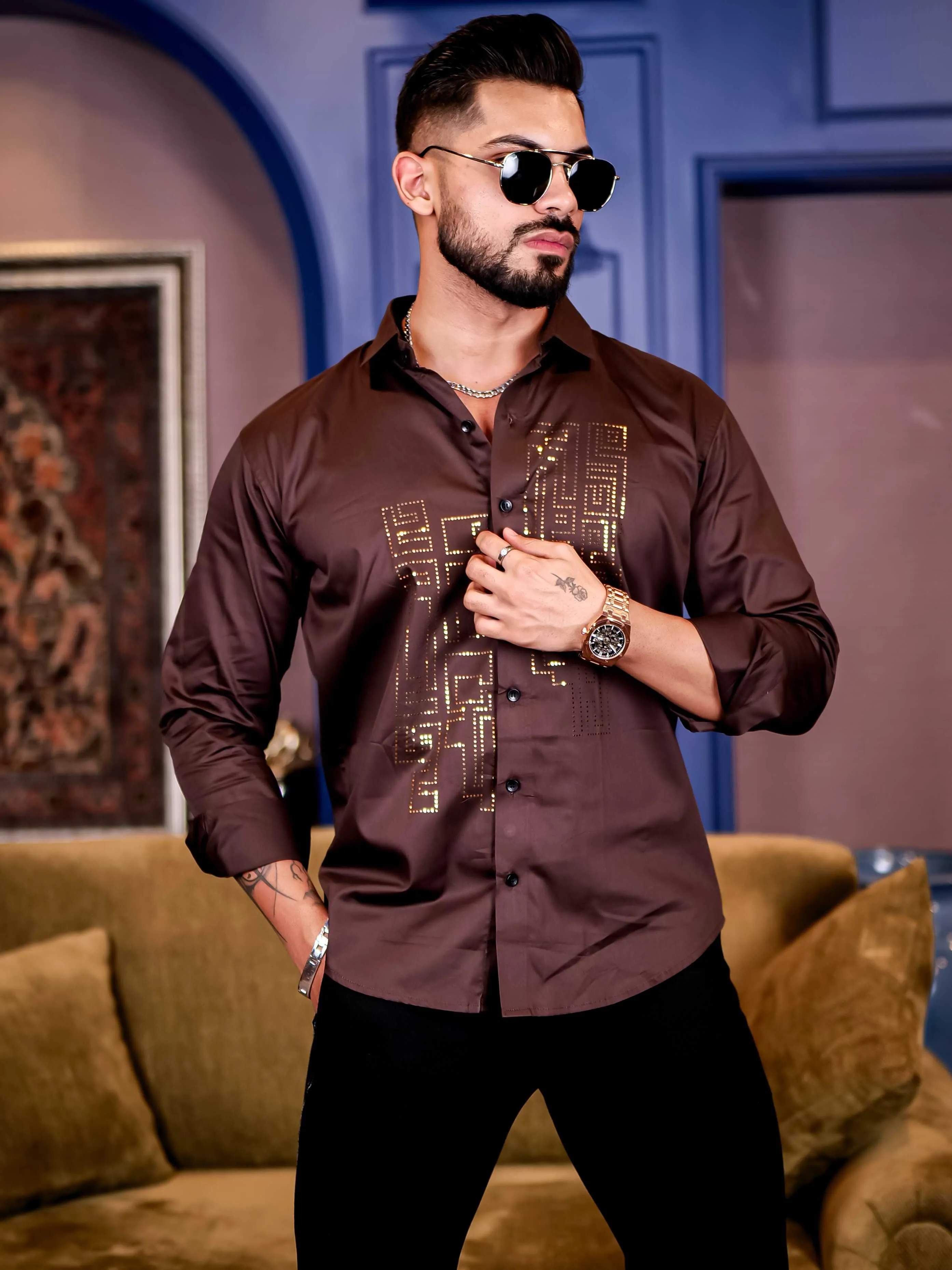 Brown Sequence Club Wear Satin Cotton Party Shirt