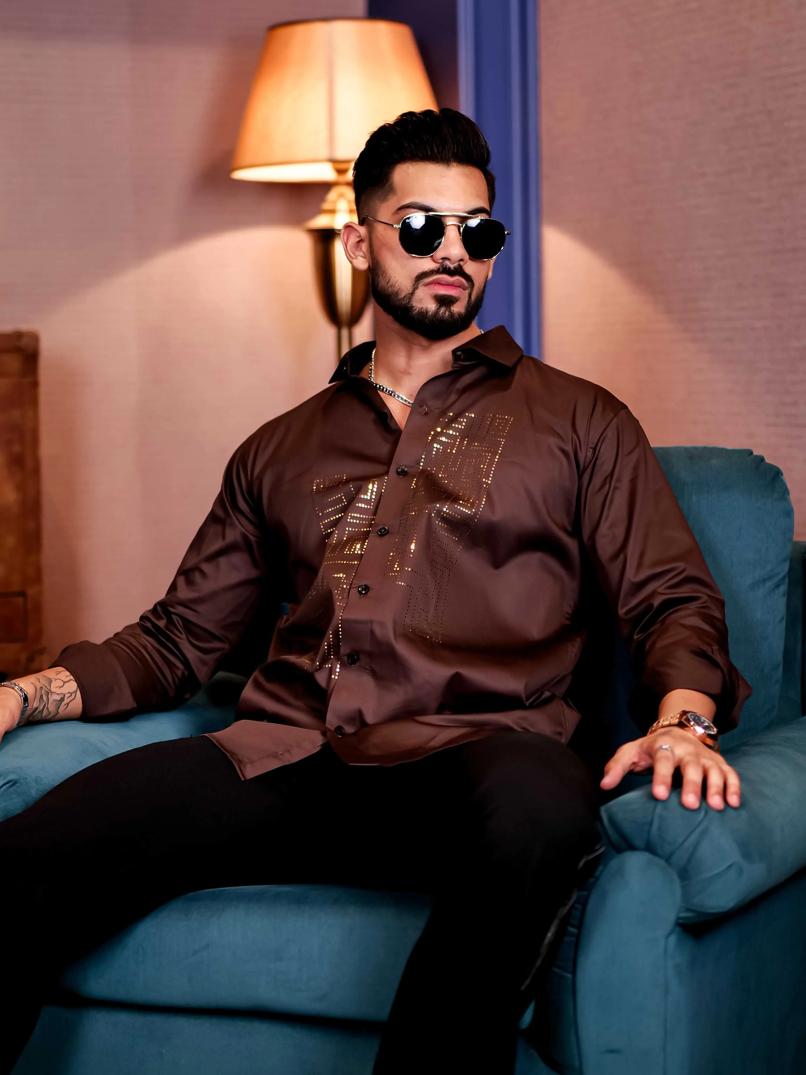 Brown Sequence Club Wear Satin Cotton Party Shirt