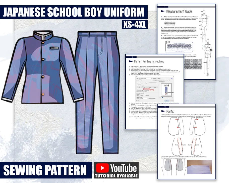 BUNDLE Japanese School Boy Uniform Cosplay Fashion Costume Sewing Pattern/Downloadable PDF File