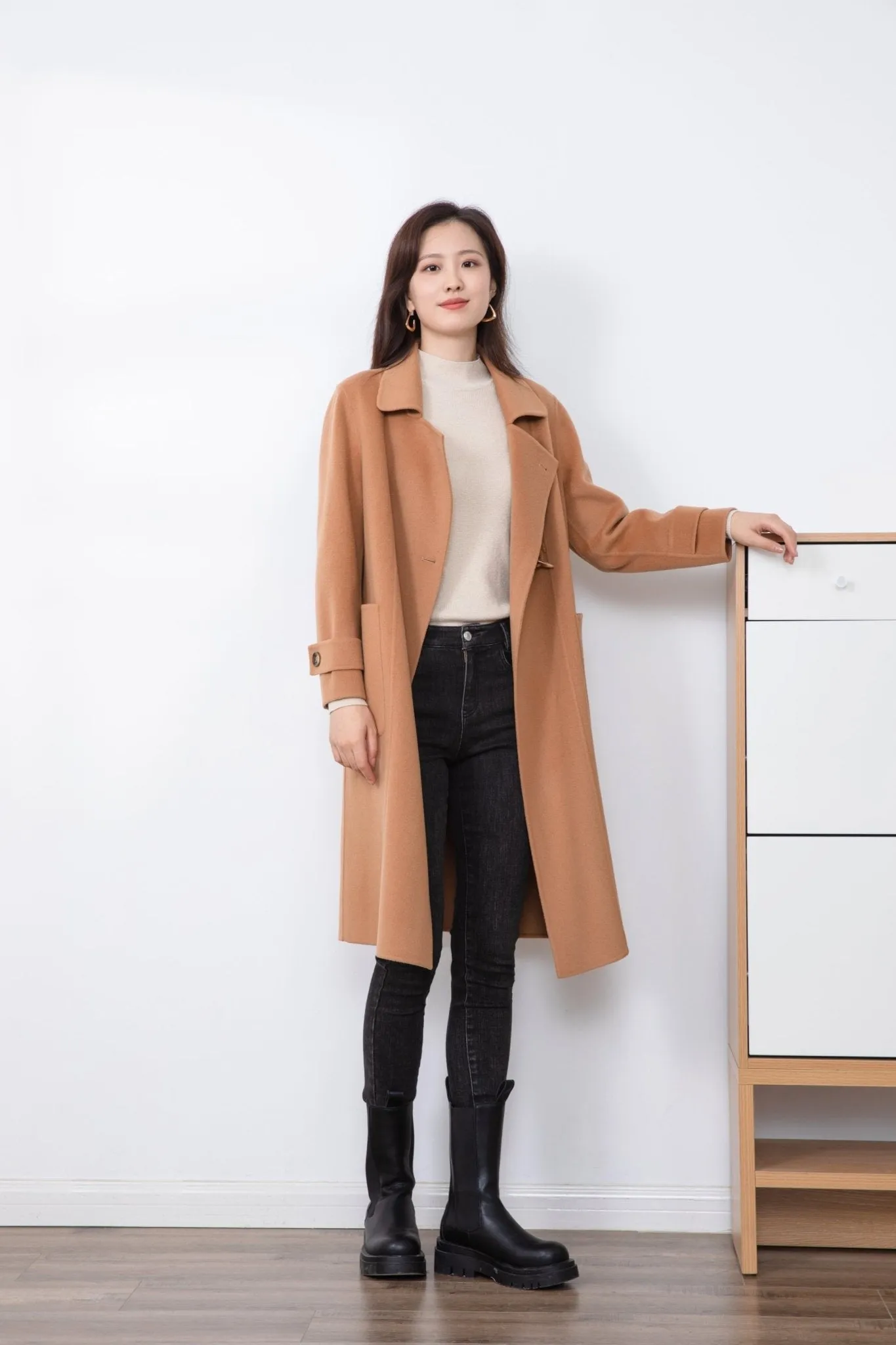 Camel Wool Square Collar Overcoats