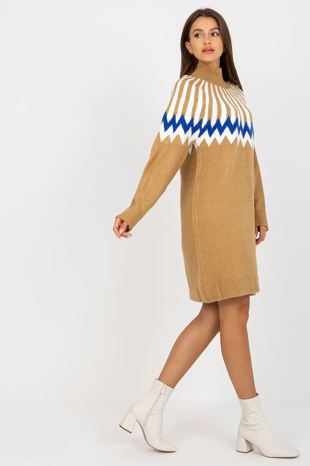 Chic Parisian Geometric Knit Turtleneck Dress