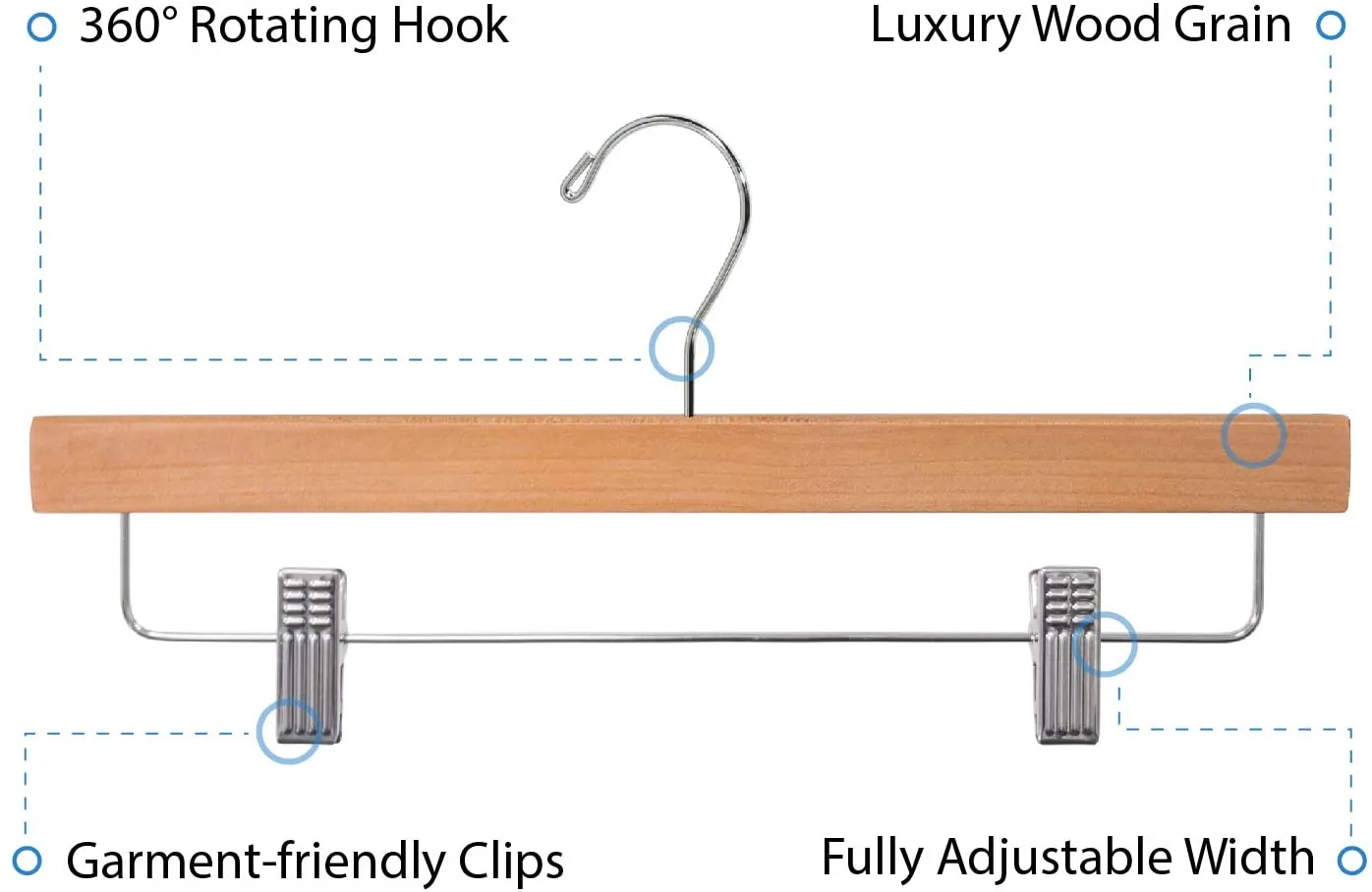 Classic Wood Bar Pants/Skirt Hanger with Adjustable Clips